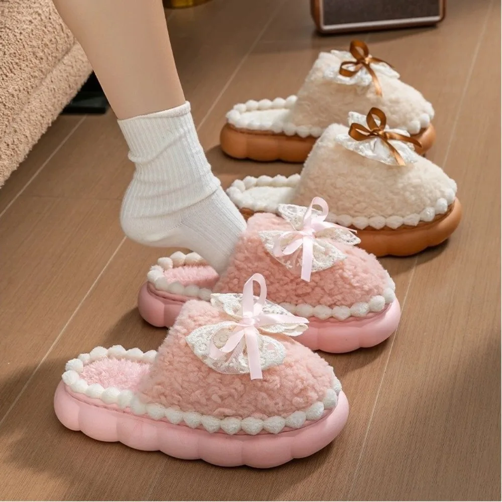 Sweet Bowknot Winter Cotton Slippers Fleece Lined Anti-slip Warm Fluffy Shoes Warm Thick Sole Household Slippers Home
