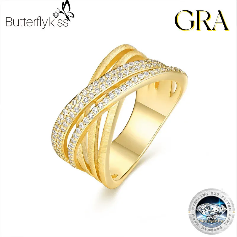 

Butterflykiss Luxury Moissanite S925 Sterling Silver Ring For Women 18k Gold Plated Elegant Cocktail Ring Fashion Party Jewelry