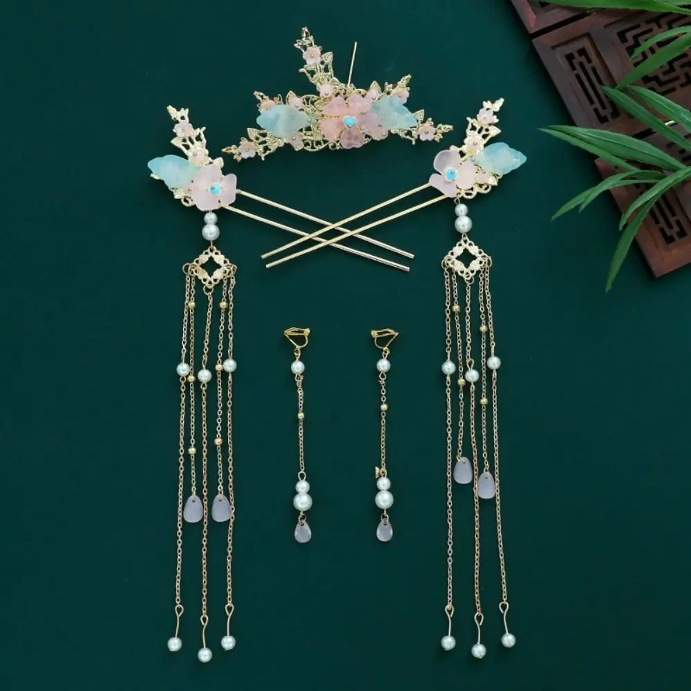 

Классический цветок в китайском стиле, набор заколок для волос, серьги с кисточками, палочка для волос Hanfu, жемчужный сплав, Cheongsam