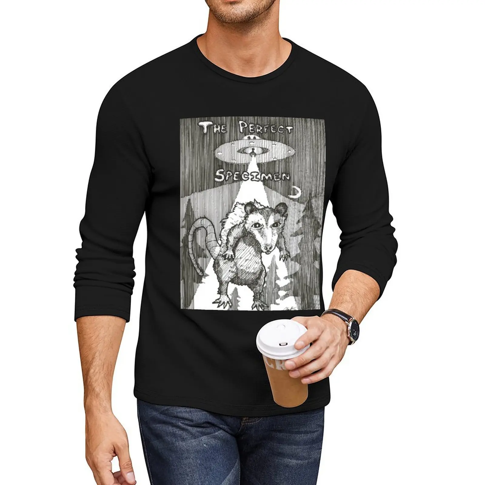 

The Perfect Specimen Opossum UFO Pen and Ink Drawing Long T-Shirt vintage t shirt men workout shirt