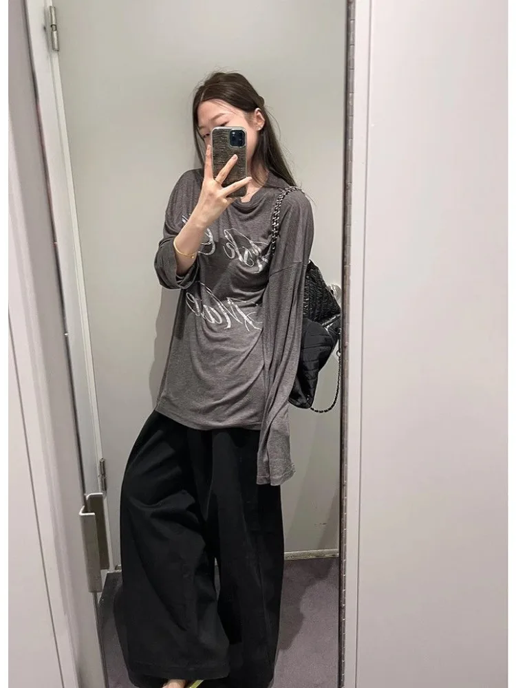 HOUZHOU Oversized Gray T-shirts Women Korean Style Long Sleeve Tees Letter Rhinestone Thin Tops Casual Vintage Harajuku Fashion