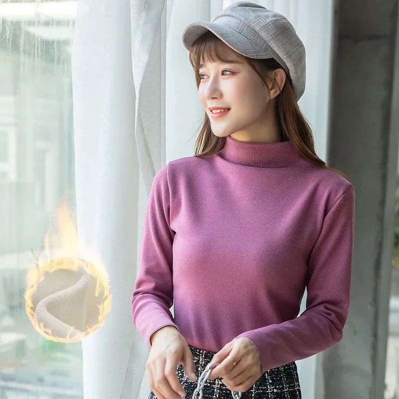 Korean Turtleneck Slim Soft Thicken Knitted Pullovers Woman 2023 New Winter Plus Velvet Sweater Casual Lined Warm Knitwear Tops