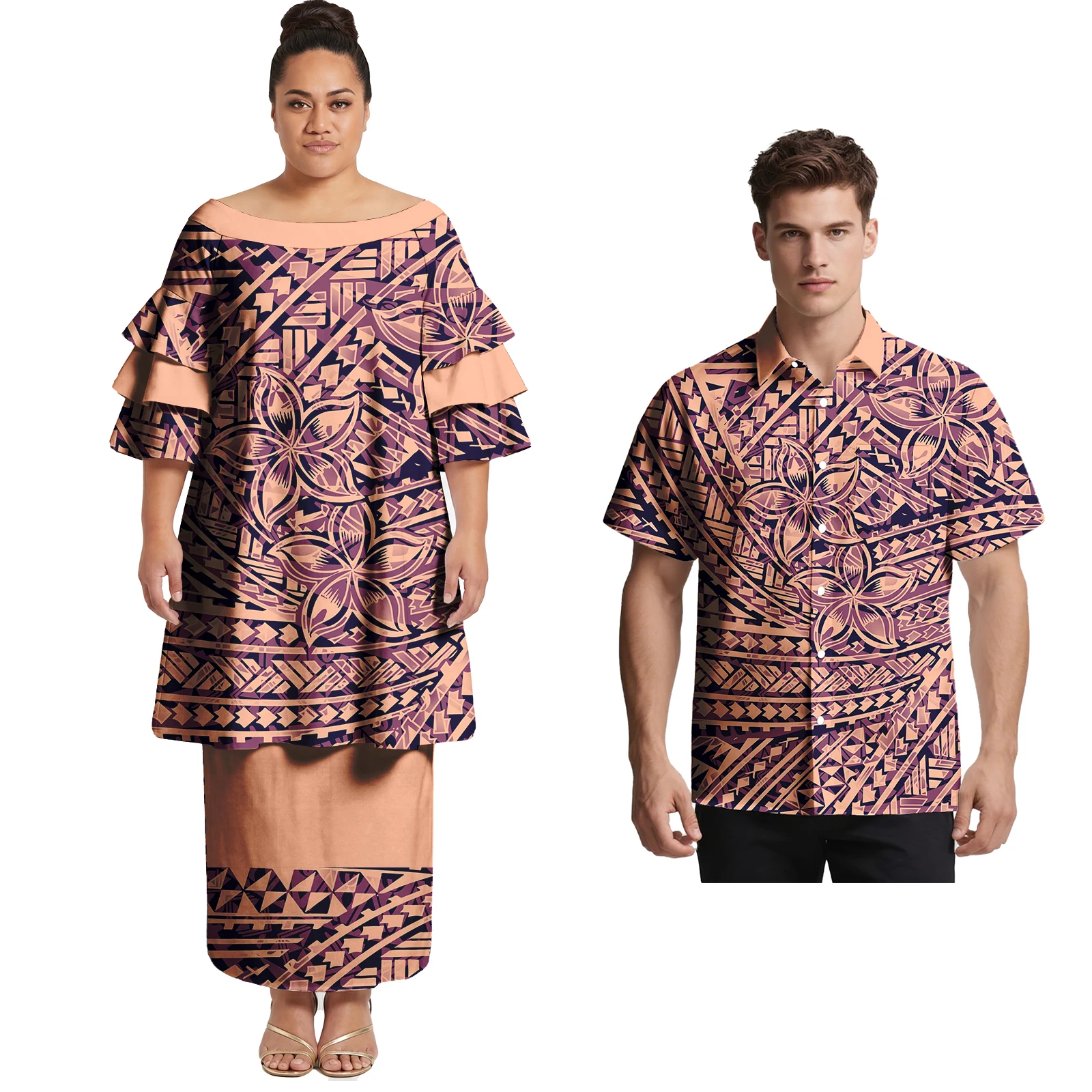 Custom New Arrivals Couple of Set Hawaiian Beach Men Shirts Samoan Polynesian Tribal Cascading Ruffle Sleeve Women Puletasi Suit