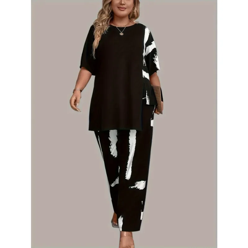

Plus Size 1XL-5XL Women's Brush Print EleganceRound Neck Short Sleeve Split Top & Matching Pants 2 Piece Outfit Set