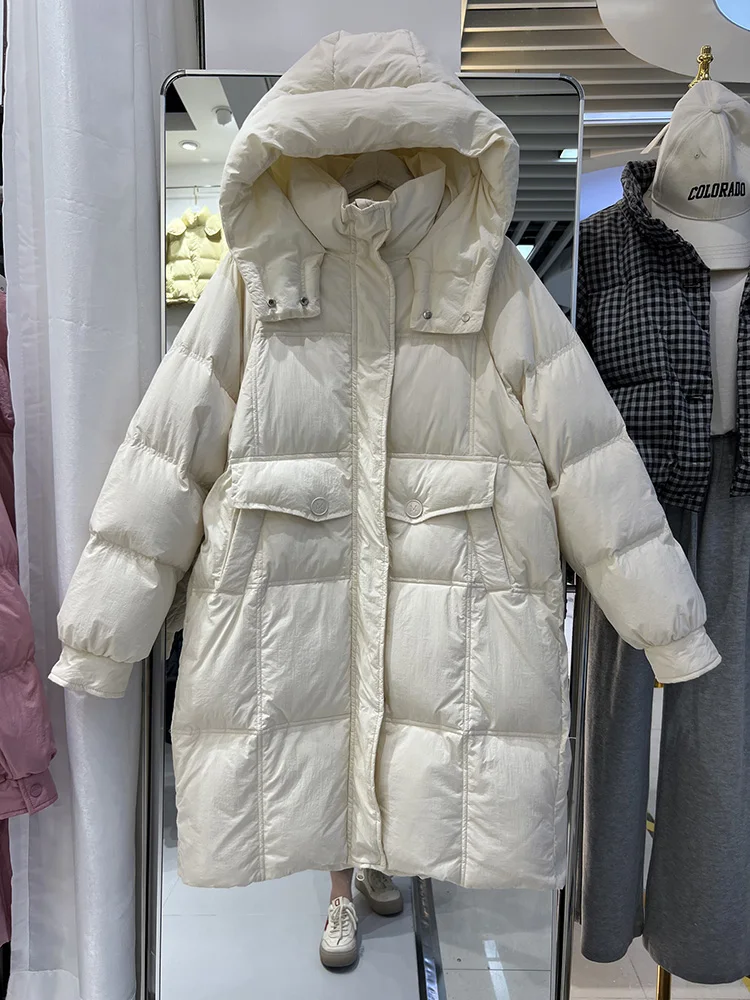 

2025 new down jacket women's middle and long hooded thickened loose simple white duck down versatile jacket trend