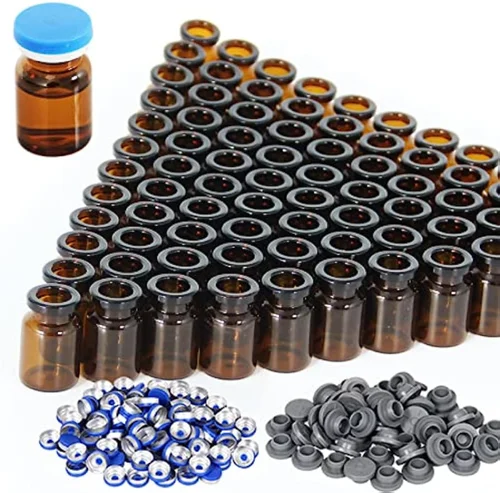 Viales de vidrio ámbar de 5 ml, paquete de 100 viales de vidrio ámbar con tapas abatibles de plástico-aluminio y tapones de goma