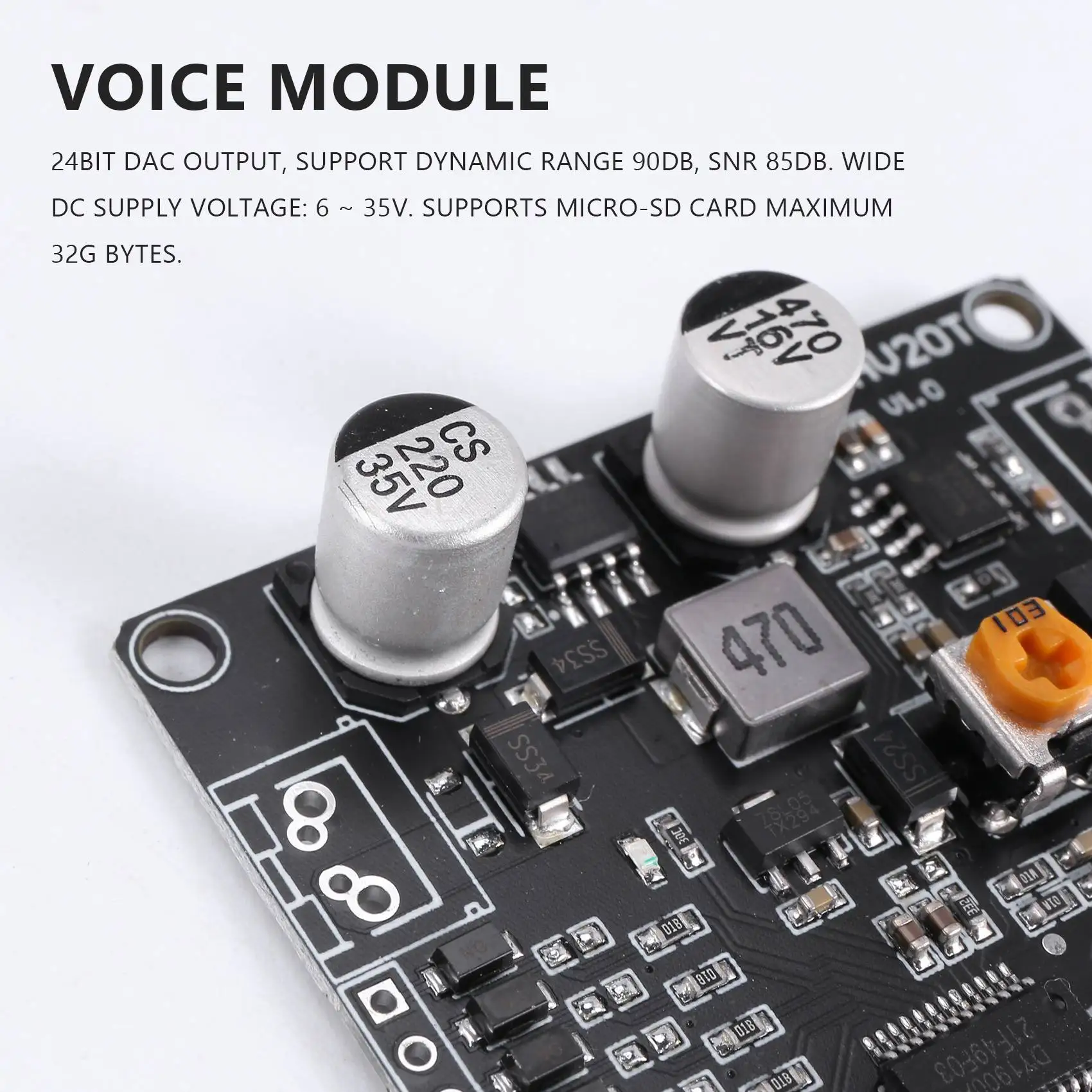 DY-HV20T 12V/24V Netzteil10W/20W Sprachwiedergabemodul, unterstützt Micro-SD-Karte, MP3-Musik-Player für Arduino