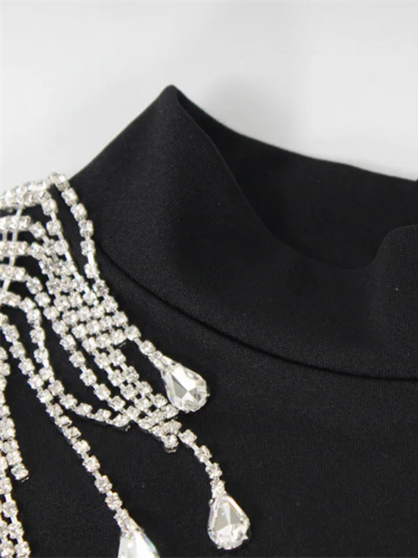 Tinaa Black Bodycon Maxi Dress Women 2026 Backless High Neck Crystal Shoulder Studs Long Sleeve High Slit Evening Gown Dresses