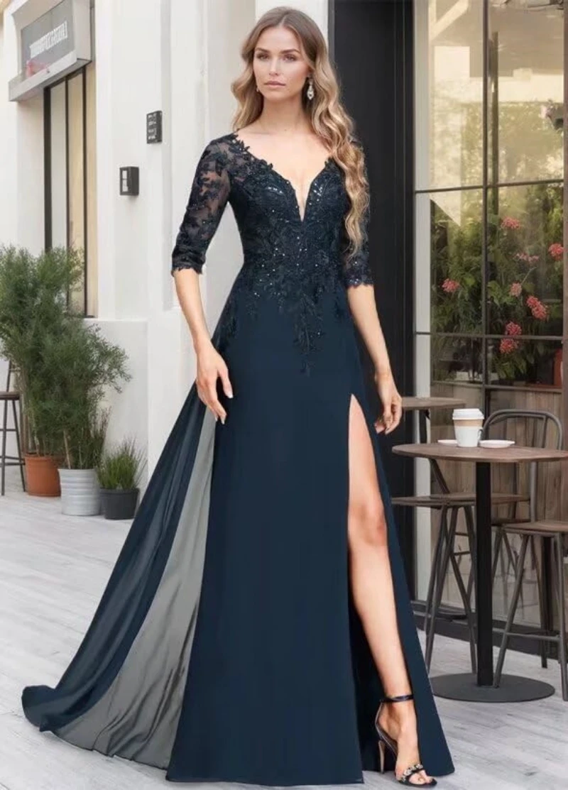 

Sequins Applique Chiffon Mother of The Bride Dresses for Wedding V Neck Mother of The Groom Dresses for Women with Slit