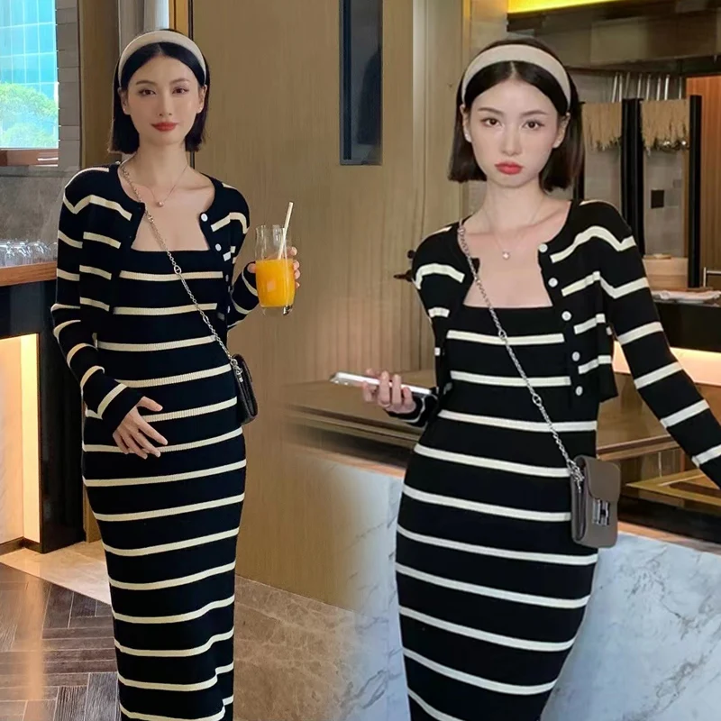 Korean Style Autumn Maternity Striped Knitted Dress Suits Long Sleeve Cardigans+Strap Dress Two Piece Pregnant Woman Clothes Set