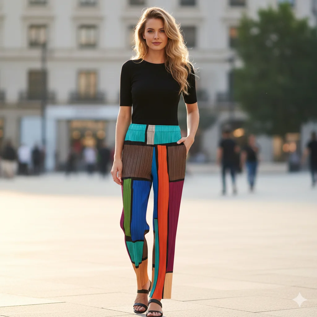 

Miyake Pleated Niche Design Sense Print Pleated Straight Pants Spring Temperament Hundred Elastic Waist Loose Wide Leg Pants