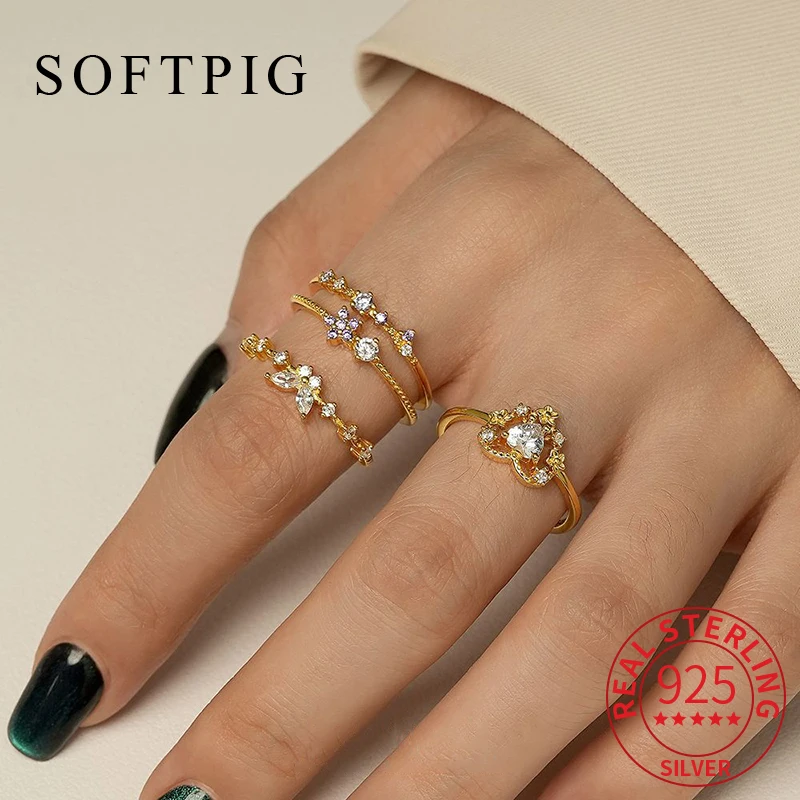 

SOFTPIG Real 925 Sterling Silver Hollow Heart Zircon Bowknot Ring for Women Cute Fine Jewelry Light Luxury Accessories