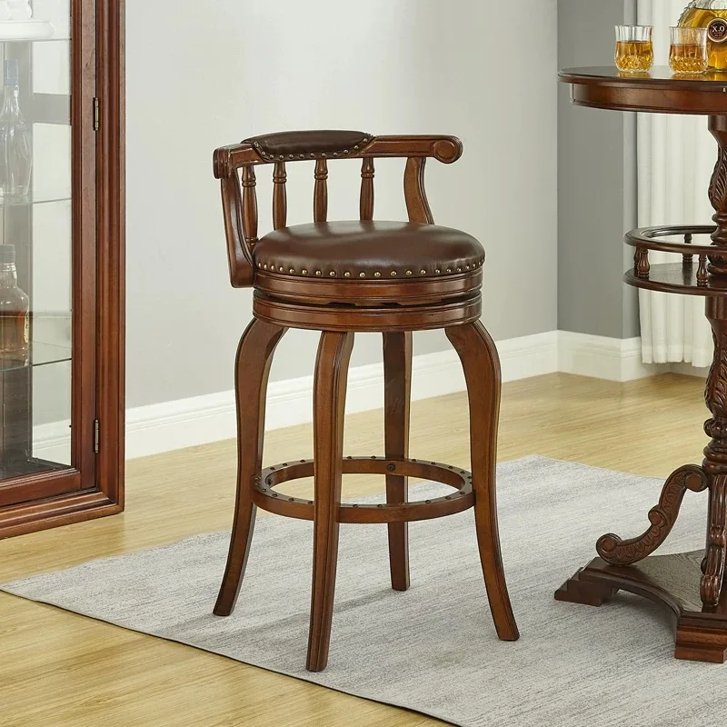 European style solid wood bar chair, leather backrest bar chair, bar counter solid wood bar chair, bar stool high swivel chair