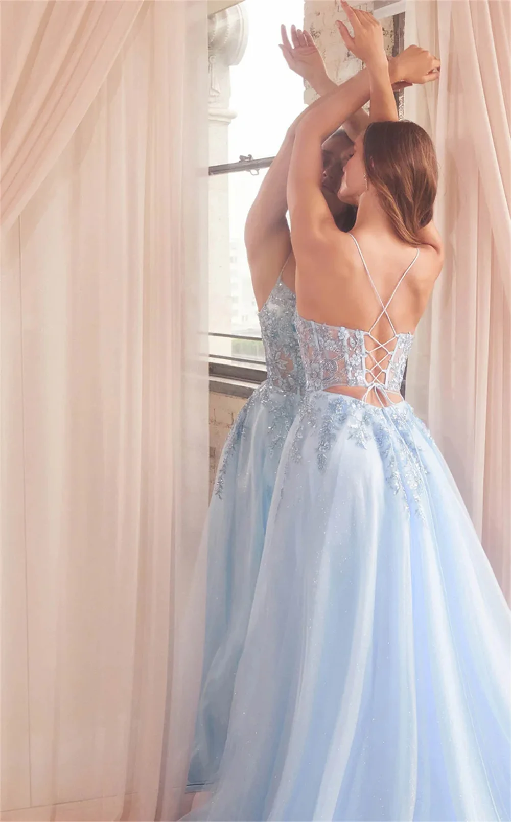 Cathy Sky Blue Lace Appliques Prom Dressess A-line Tulle Vestidos De Noche Elegant Spaghetti Strap Sleeveless Cocktail Party