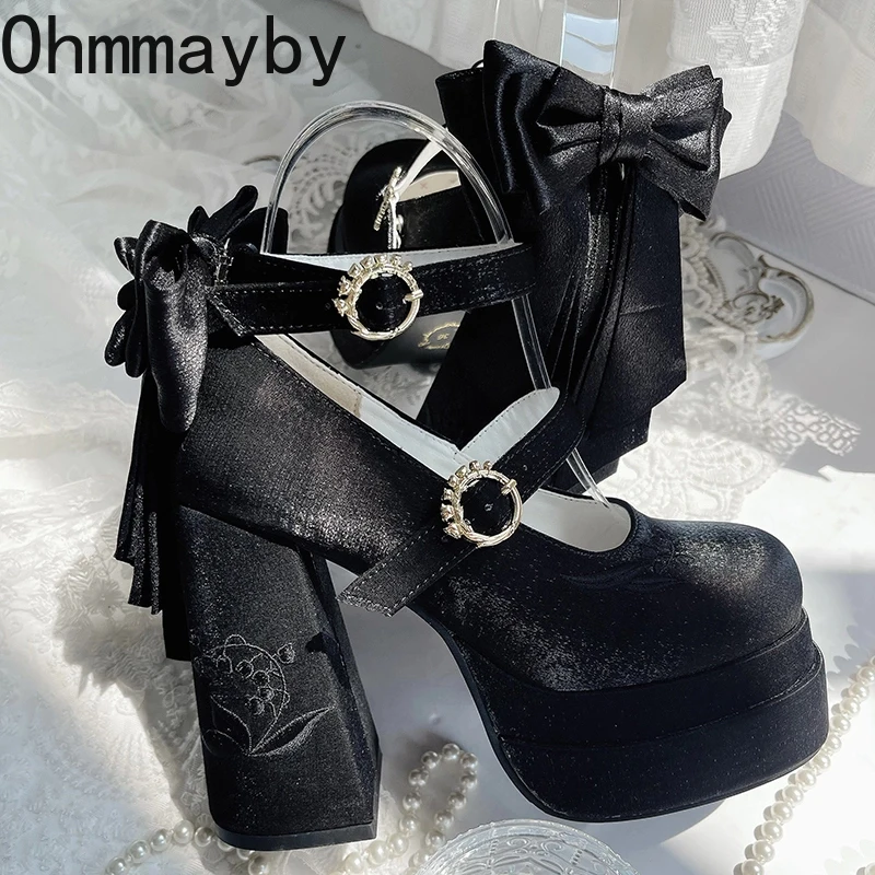 Zapatos de tacón alto con plataforma de verano para mujer, zapatos de tacón estilo Lolita Mary Jane, zapatos de tacón para vestido de fiesta con nudo de mariposa a la moda