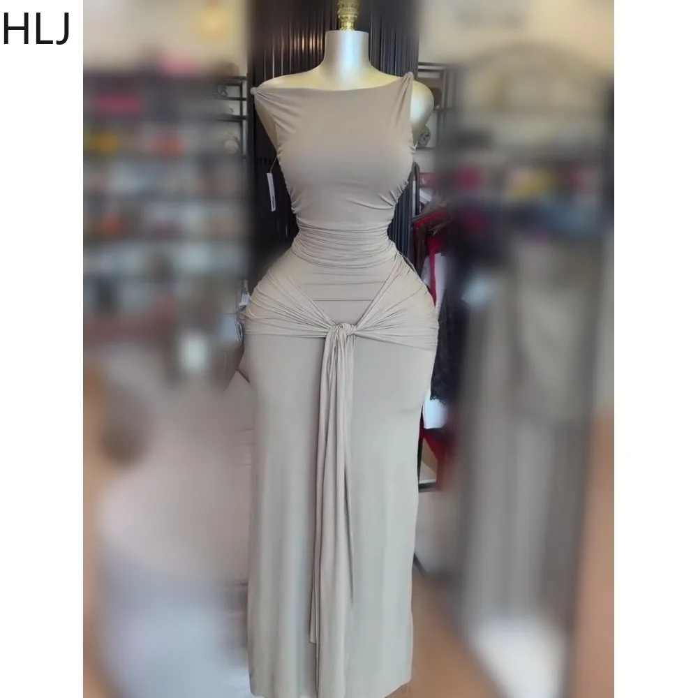 HLJ Women 2 Piece Outfit One Shoulder Top + Long Skirt Set Ruched Tie Waist Bodycon Matching Set Elegant Party Clubwear Vestidos