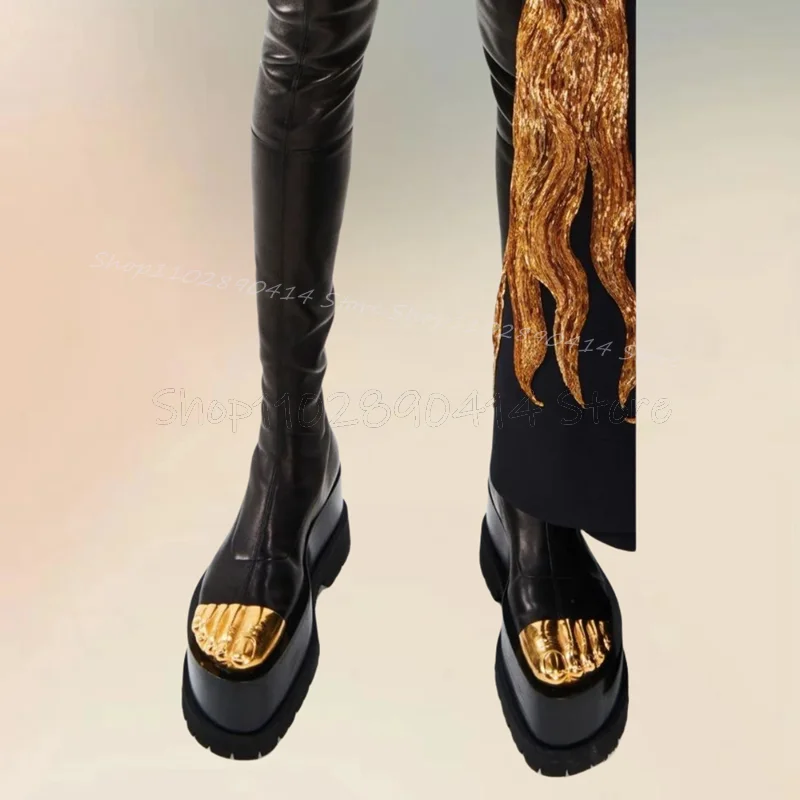 Goldene fünf Finger schwarz hohe Plattform Landebahn Stiefel zurück Reiß verschluss Frauen Schuhe High Top Roman Party Fest 2024 Zapatos Para Mujere