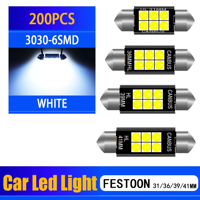 

200pcs Auto Festoon 31mm 36mm 39mm 41/42mm C5W Led Bulbs CANBUS C10W Dome Reading Lamp Beleuchtung Interior License Plate Lights