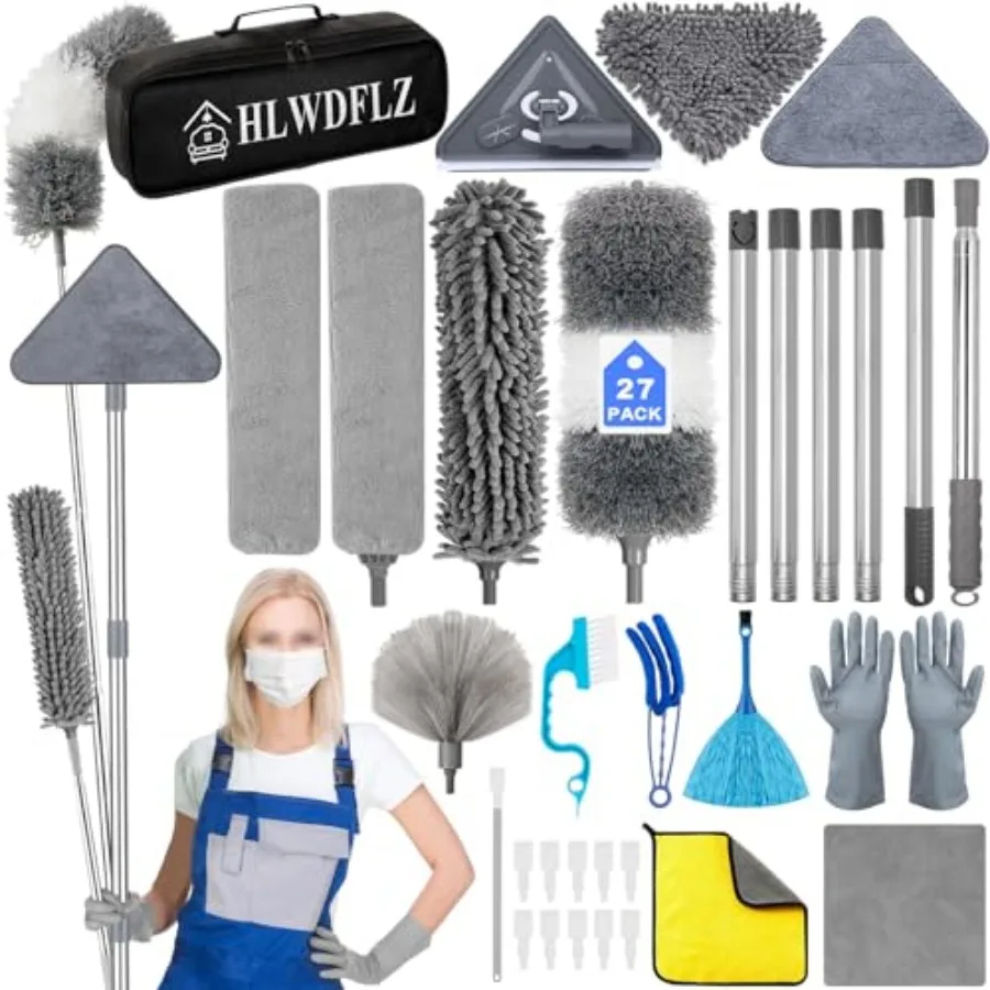 

Microfiber Duster Kit with 30 to 100 Inch Extension Pole and Wall Cleaner Mop, Washable and Bendable Feather Duster for Cleanin