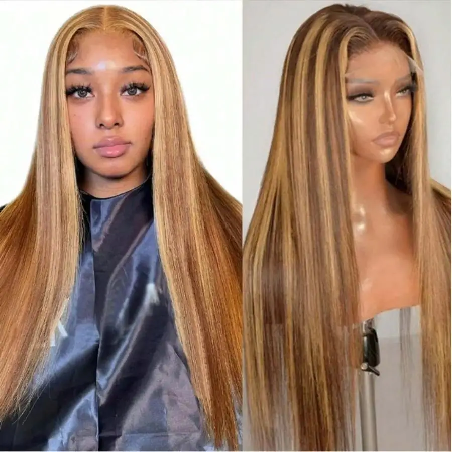 

13x6 Lace Frontal Wig Human Hair 40 30 Inch Bone Straight Highlight Ombre Brown Colored Wig Brazilian Hair P4/27 Honey Blonde