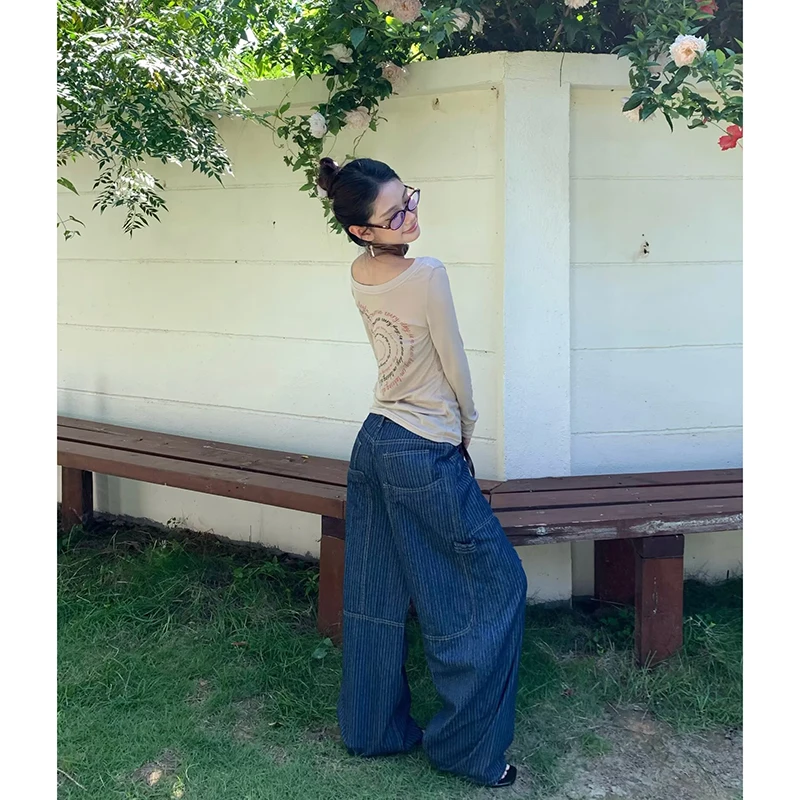 Damskie jeansy w stylu Y2K z szerokimi nogawkami, w paski, vintage, na jesień 2025, Harajuku, spodnie dżinsowe, japońskie, oversize, boyfriend, cargo, lata 2000, lata 90.
