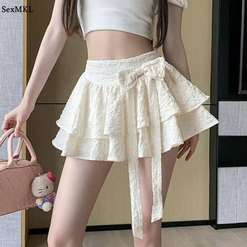 

Casual A Line Ball Gown Black Mini Skirts Women High Waist Korean Y2k Clothes Slim Ladies Shorts Bow Pleated Kawaii Micro Skirt