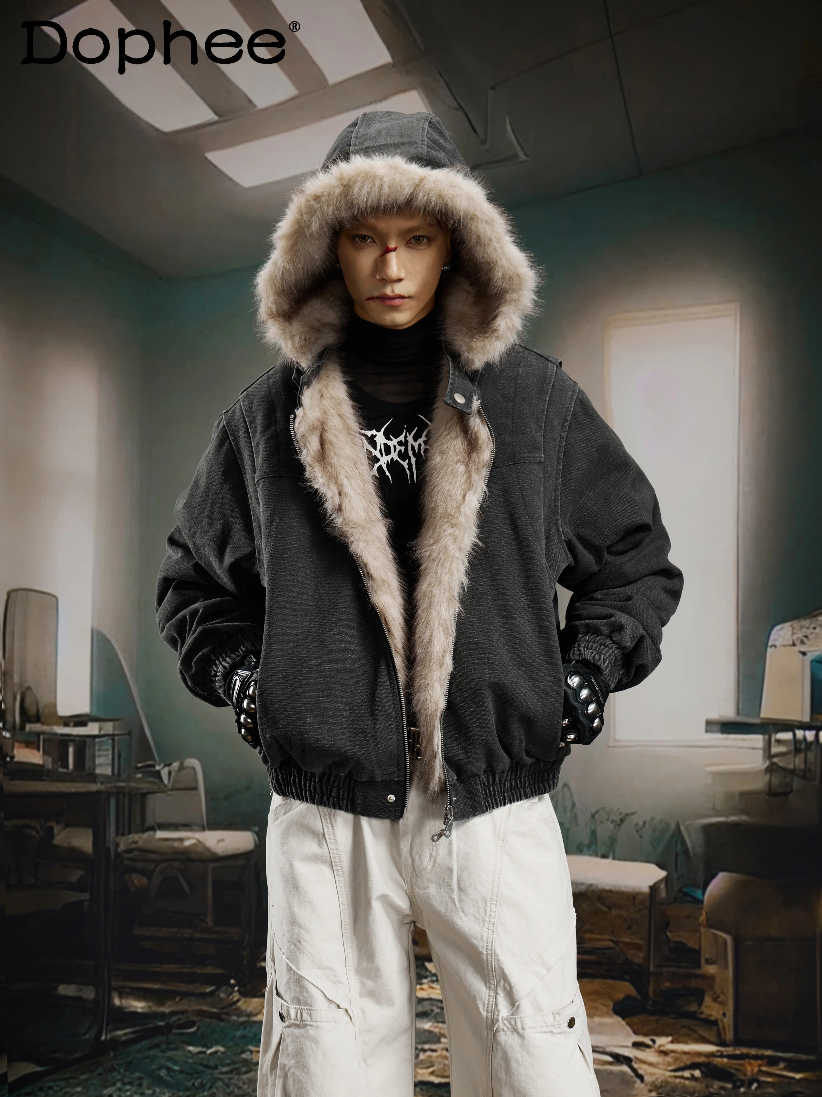 

2025 Winter New Thickened Warm Fur Collar Hooded Jacket Youth Fashion Trend Loose Casual Short Coat for Men