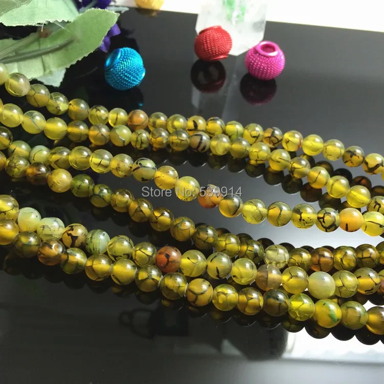 124pcs/lot Loose Natural Stone Beads Yellow Dragon Lines 6mm Round Jewelry Beads