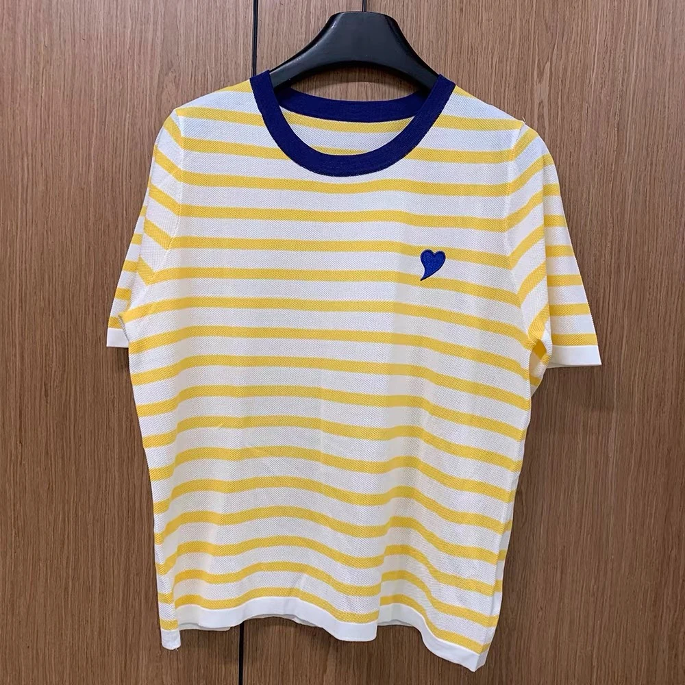 Verão feminino de malha camiseta camisola amor bordado listrado solto moda casual camisetas topos manga curta coreano senhoras jumpers