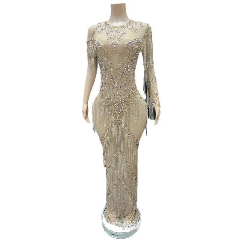 

French Luxury Lotus Root Pink Sparkling Fringed Rhinestone Temperament Socialite Dress High-end Mesh Party Evening Dress Vestito