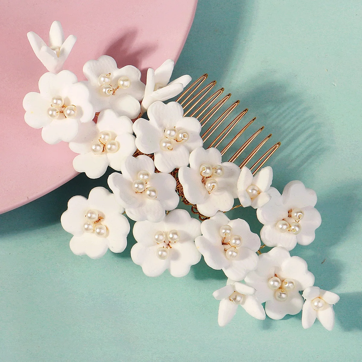 Elegante weiße Polymer Clay Blumen Damen Haarkämme Mode Kristall Perle Haarnadeln Braut Hochzeit Kopfschmuck Schmuck – Detail 21