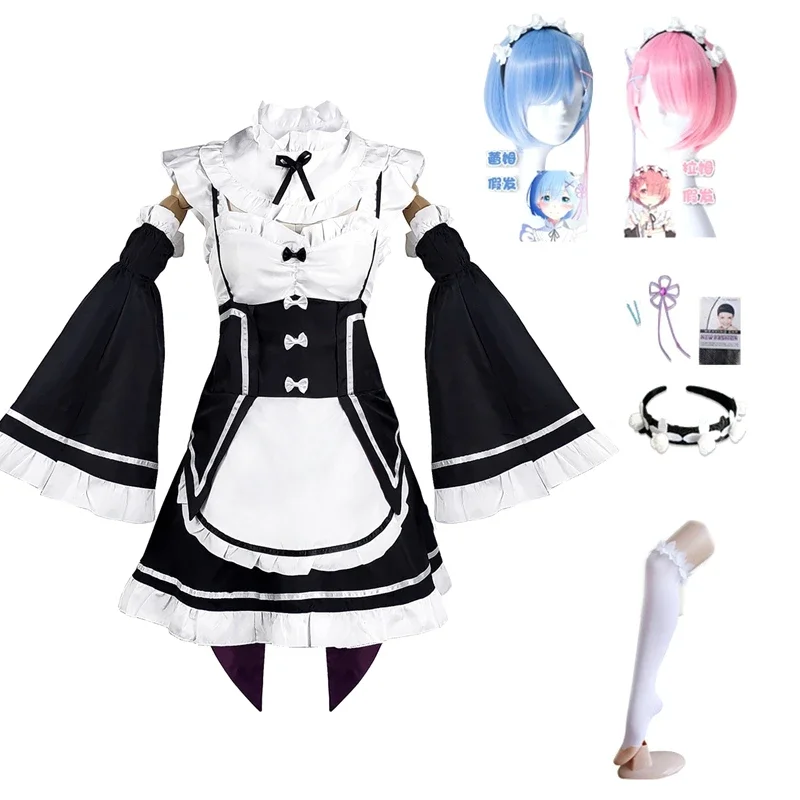 Costume de cosplay Ram Rem, Anime Re:zero Kara Hajimeru Isekai Seikatsu, uniforme, perruque, robe Lolita, tablier de demoiselle d'honneur pour filles et femmes