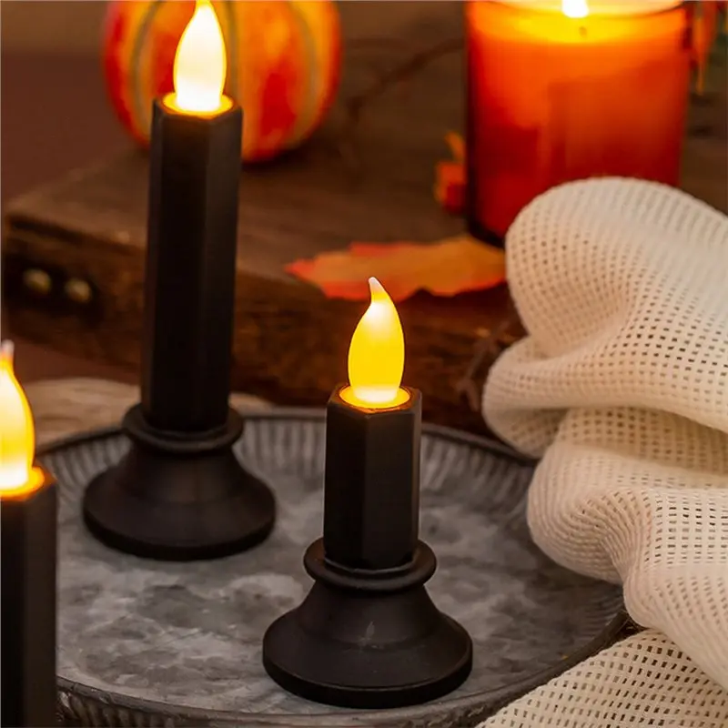 AB46-12PCS Black Flameless Taper Candles, LED Taper Candles Battery Operated For Party Halloween Decoration Medium