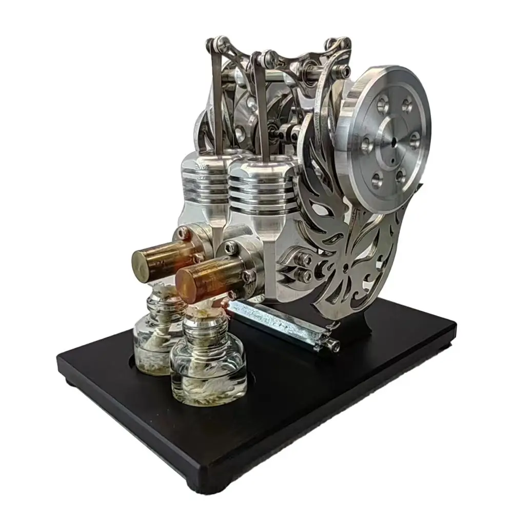 Metal cylinder Stirling engine generator with movable engine, miniature external combustion engine model, dual cylinder