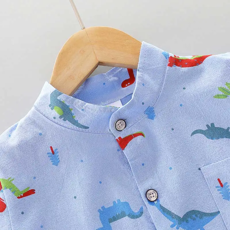 Infants and Toddlers Covered in Printed Cartoon Dinosaur Stand-up Collar Shirt Short Sleeve 2 Piece Set