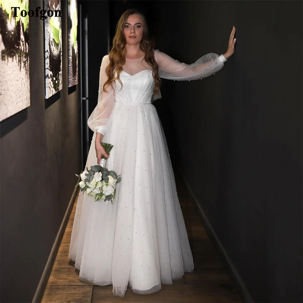 

Toofgon Simple A Line Tulle Bride Wedding Dresses Long Sleeves Pearls Scoop Bride Wedding Gowns Women Formal Party Bridal Gowns