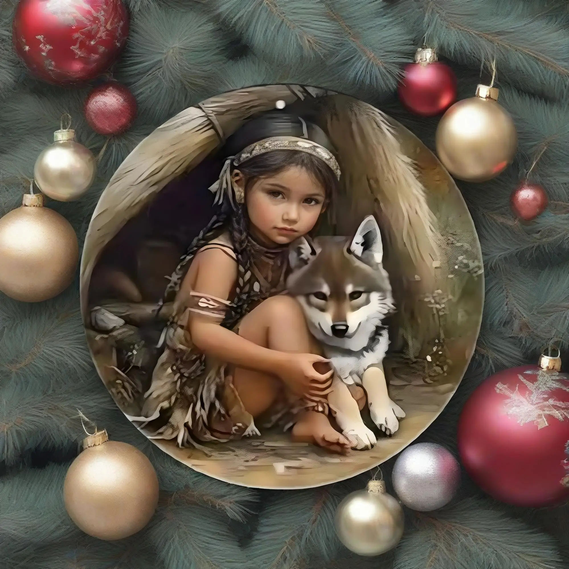 Vintage Native Girl & Puppy Round Aluminum Wall Art – 8x8-inch 2D Flat Country-Style Decor for Walls