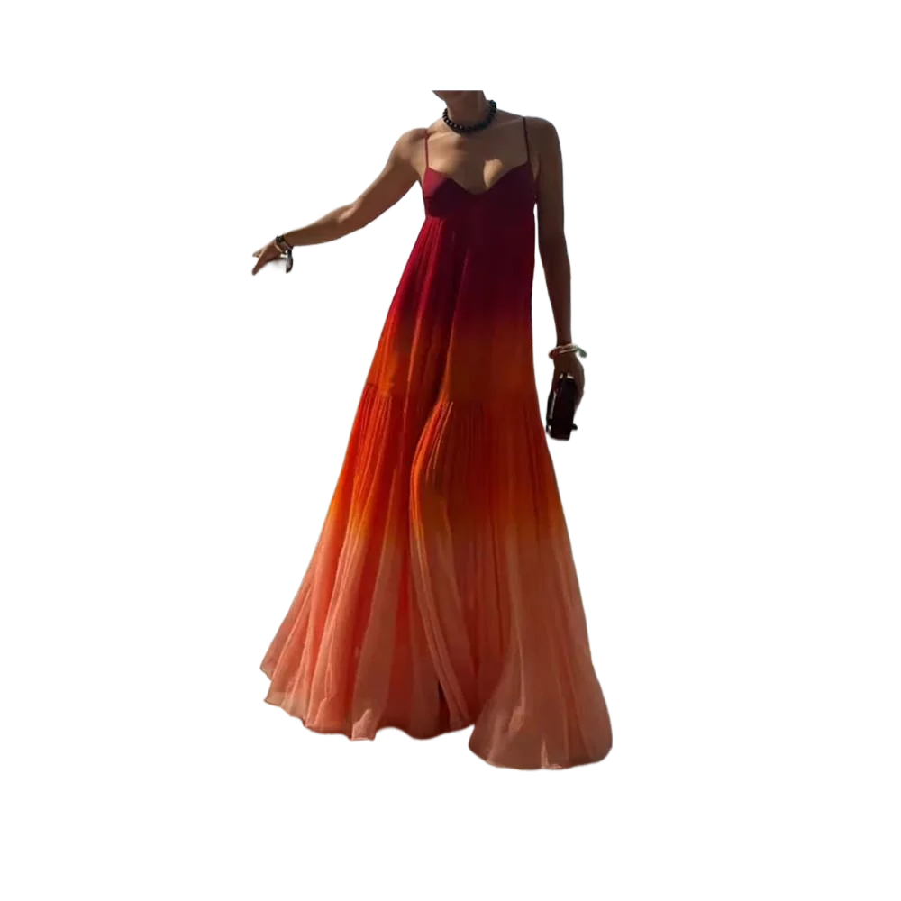 Casual backless swing lange jurk mode V-hals hoge taille geplooide strandjurk gradiënt bedrukte mouwloze camisole damesjurk - afbeelding 2