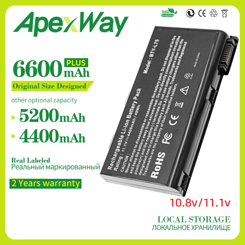 Apexway 4400mAh 6CELLS BTY-L74 New Laptop Battery For MSI L74 L75 A5000 A6000 CX500 CX500DX CX705X CX623 EX460 EX610 CX700 CX620