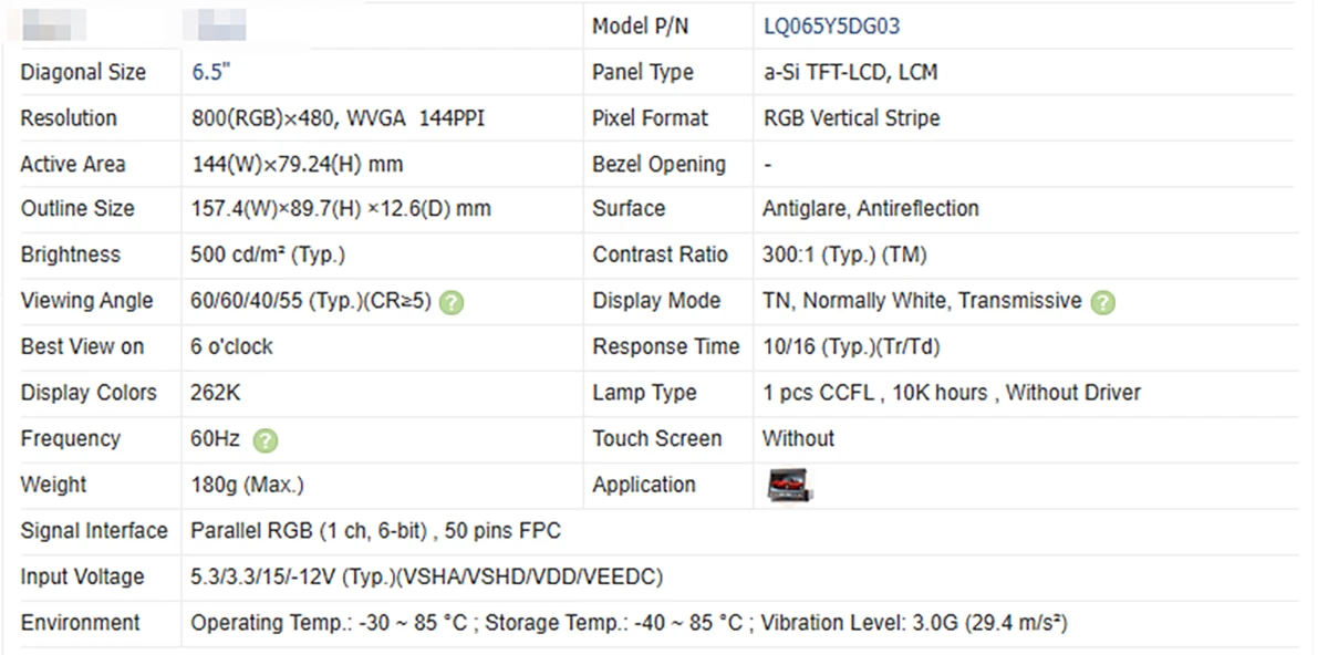 6.5inch 800*480 LCD Display Panel screen LQ065Y5DG03 for Car GPS Navigation LCD monitors modules Industrial Display