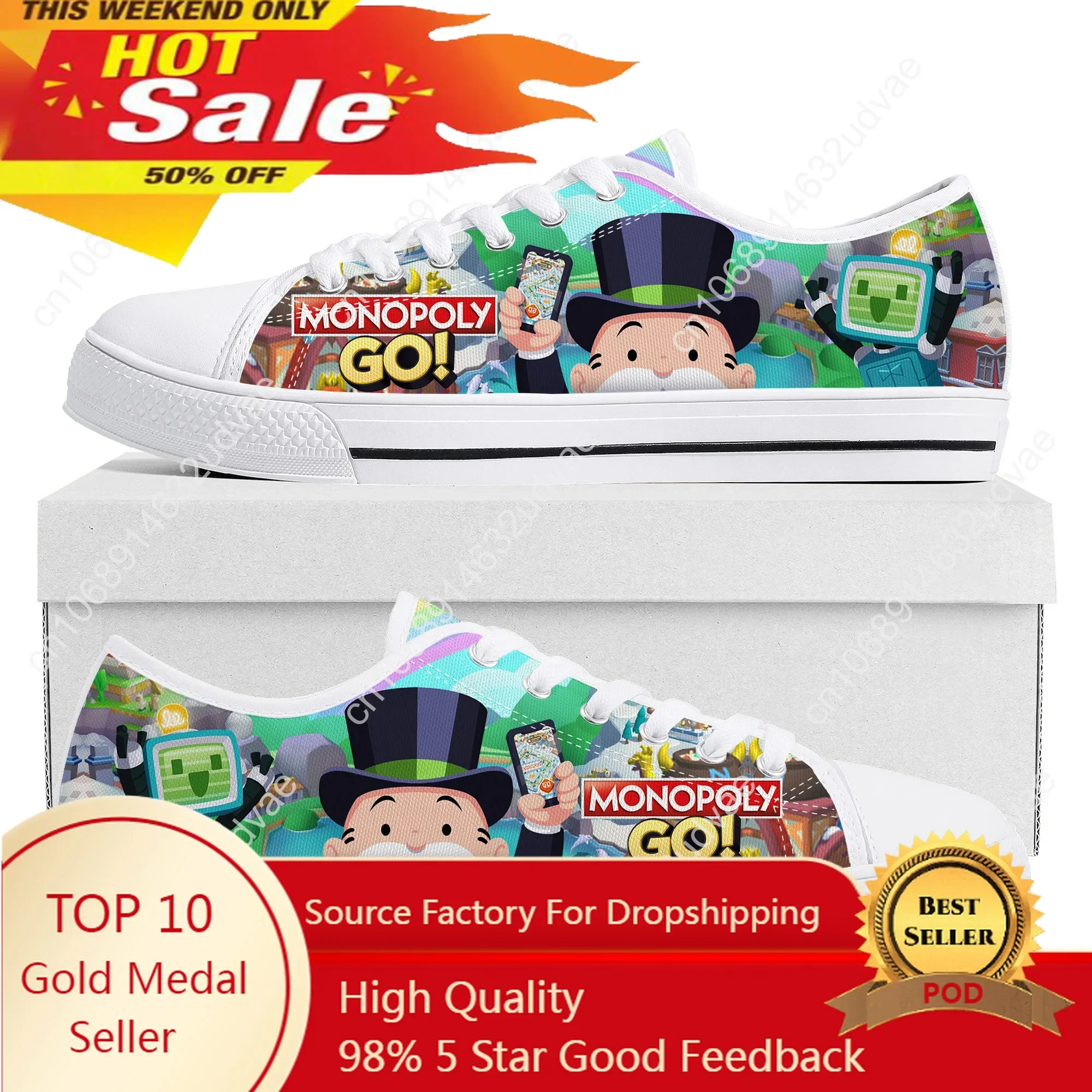 Monopoly Go Low Top Sneakers para Homens e Mulheres, Canvas Sneaker, Custom Built Shoes, Cartoon Game, Adolescente, Casal Moda, Quente, Alta Qualidade