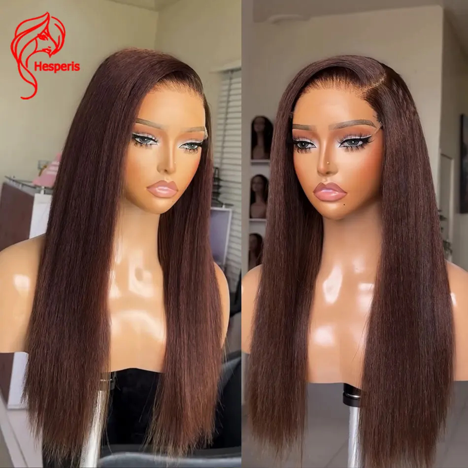 Hesperis Dark Brown Human Hair Yaki Wigs Side Part 13x6 Light Yaki Lace Front Wigs For Women Pre Plucked Kinky Straight Lace Wig