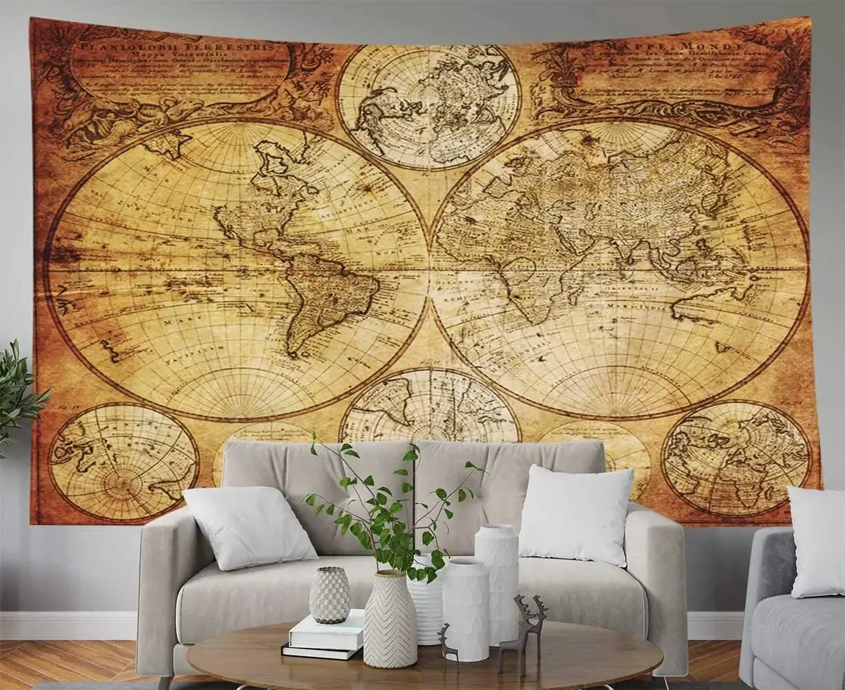 Funny Map Wall Hanging Art World Map Tapestry Brown for College Wall Decor