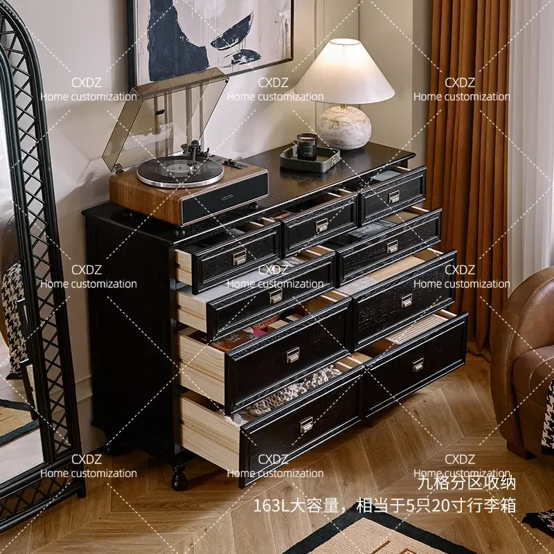 American Pure Solid Wood Retro 9 Drawer Chest Cabinet Multi Layer Storage Unit for Bedroom Living Room Entrance Hallway