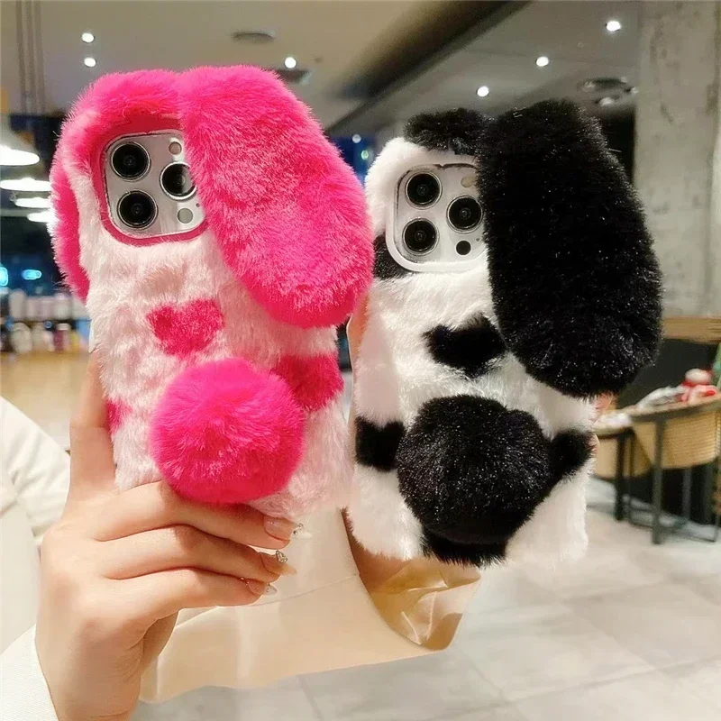 Soft Plush Phone Case For iPhone 11 12 13 14 15 Pro XR X Xs Max  7 8  Plus MAX 3D Furry Rabbit Bunny Fur Back Cover