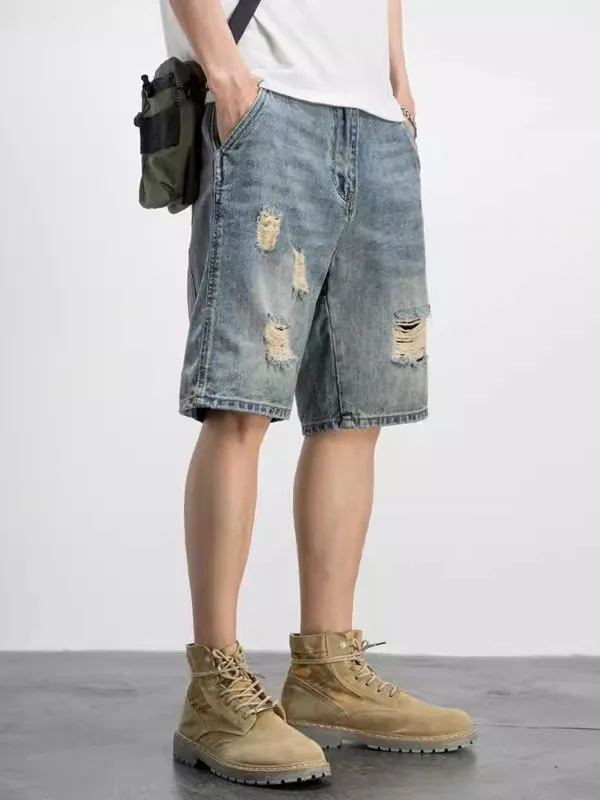 

American Casual Retro Men's Denim orts Loose Trendy Five-Point Summer Thin Straight Leg Cool Feeling Pure Color orts