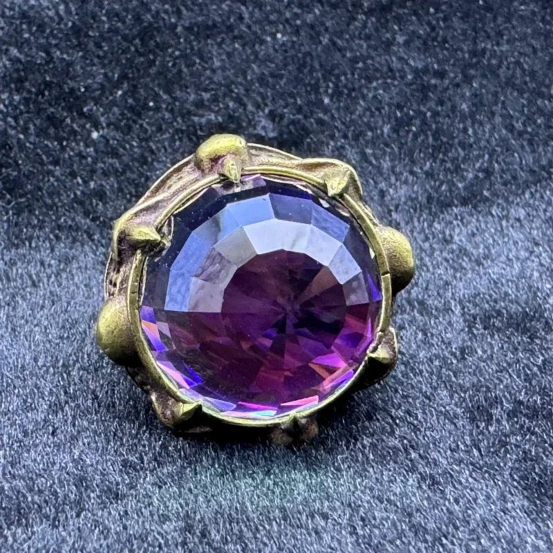 Antique Brass Tone Ring, Large Round Color Changing Created Gem, Gothic Claw Retro Statement Finger Jewelry