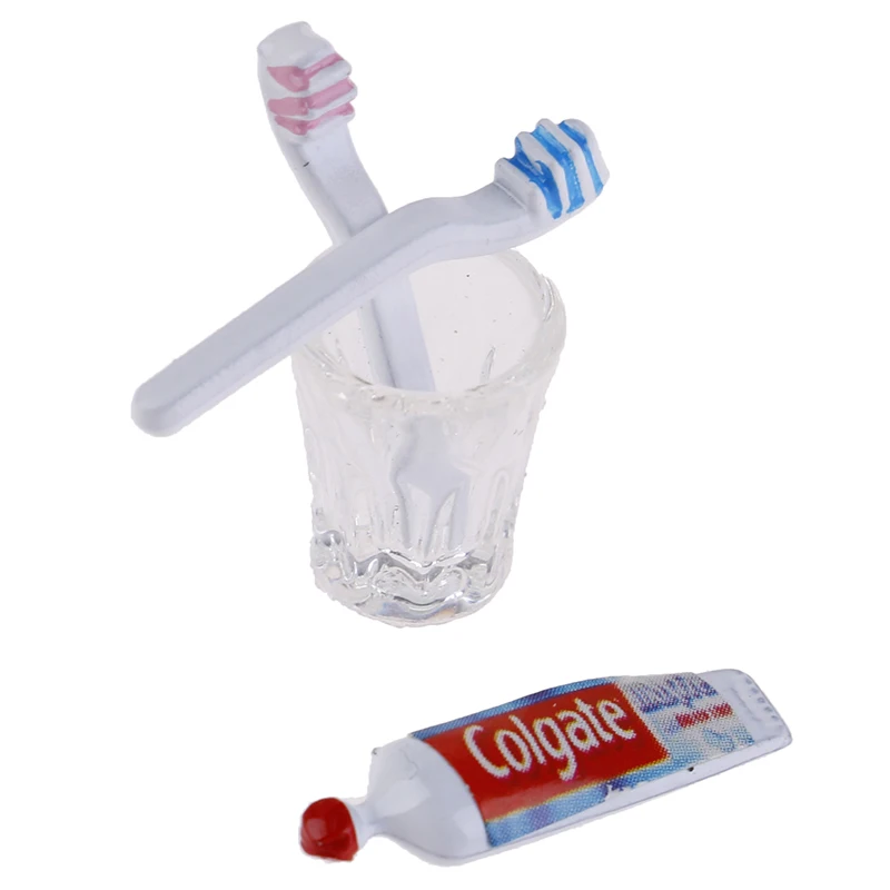 Miniatura Mini Creme Dental Escova Cup, Dollhouse Cozinha Brinquedos, 1:12, 4Pcs por Conjunto