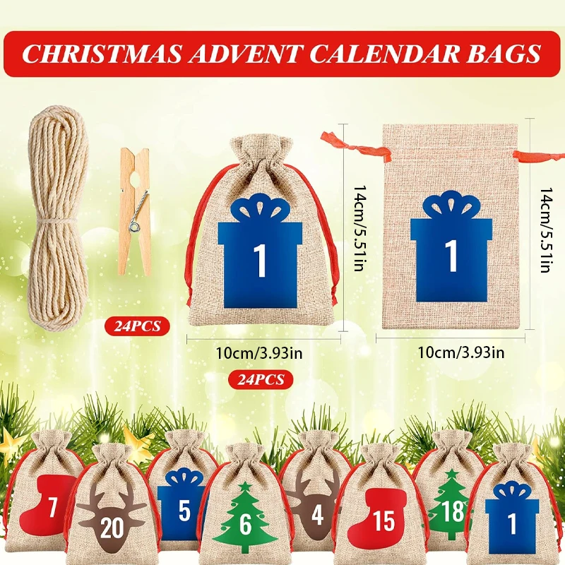 24pcs Christmas Advent Calendar Bags 24 Days Xmas Countdown Calendar Pouches Holiday Party Home Wall Hanging Decoration Supplies