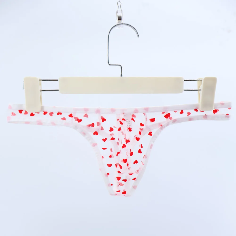 Casual Cute Heart Printed Mesh Panties For Man See Through Thongs G-strings Men's Sexy Hot Underwear U Pouch